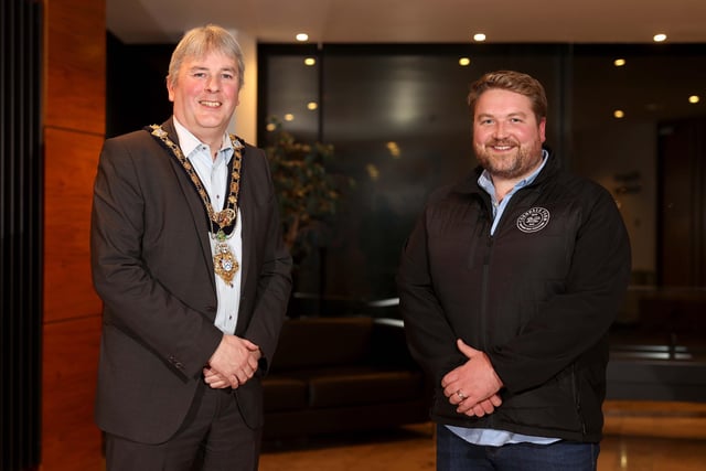 The Mayor of Causeway Coast and Glens Borough Council Councillor Richard Holmes pictured with Blas na hEireann winner Alastair Crown from Corndale Farm.