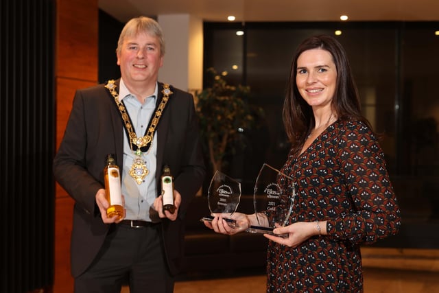 The Mayor of Causeway Coast and Glens Borough Council Councillor Richard Holmes pictured with Blas na hEireann winner Leona Kane from Broighter Gold.