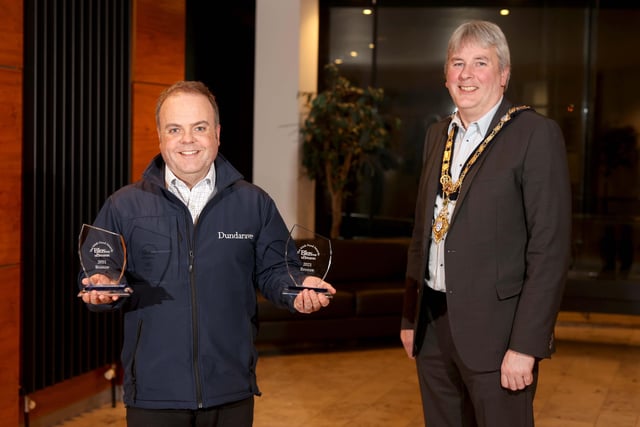 The Mayor of Causeway Coast and Glens Borough Council Councillor Richard Holmes pictured with Great Taste Award and Blas na hÉireann winner Niall McGinn from Dundarave Estate.