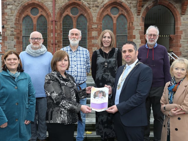 Deputy Mayor Councillor Christopher Jackson and Nichola McKee Corner with facilitators, from left, author Sue Divin, Kieran Smyth, The Playhouse, Eamon Baker, Towards Understanding & Healing, co-ordinator, Jennifer Clifford, Rainbow Project, author James Simpson and writer Felicity McCaul.