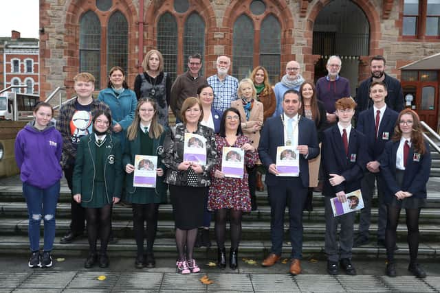 Deputy Mayor Councillor Christopher Jackson with Lyra McKee’s sisters Nichola McKee Corner, Joan McKee Hunter and Mary Crossan. Also included are Eamon Baker, Towards Understanding & Healing, co-ordinators, Colum Eastwood, MP, Councillor John Boyle, students from Lisneal College, St. Cecilia’s College, and Reach Across, and event facilitators.
