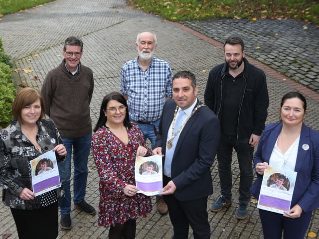 Deputy Mayor Councillor Christopher Jackson  launching the writing competition with Lyra’s sisters Nichola McKee Corner, Mary Crossan and Joan McKee Hunter. Back, from left are Councillor John Boyle, Eamon Baker, Towards Understanding & Healing, co-ordinator, and Colum Eastwood, MP.
