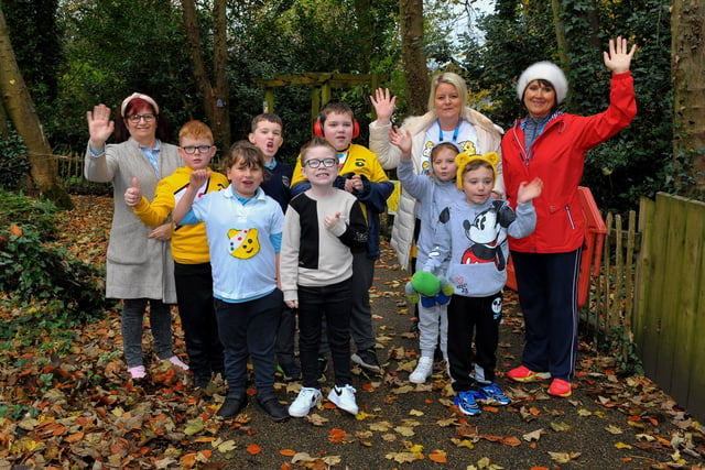 Children and staff from Ardnashee School pictured at the ‘Ramble in the Woods’ , at the Playtrail,for Children in Need on Thursday morning last. The event was organised by the pupil’s council. Photo: George Sweeney.  DER2145GS – 074
