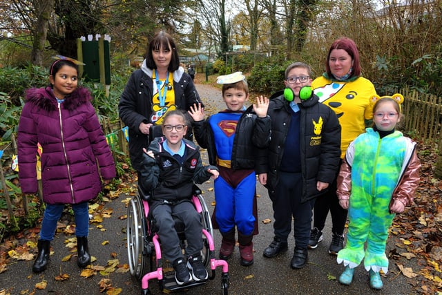 Children and staff from Ardnashee School pictured at the ‘Ramble in the Woods’ in the Playtrail,for Children in Need on Thursday morning last. The event was organised by the pupil’s council. Photo: George Sweeney.  DER2145GS – 073