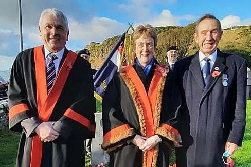Cllr Alan McLean and Cllr Joan Baird pictured with Ballycastle RBL Chairman Michael Colnahan.