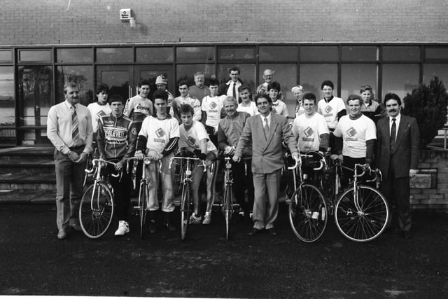 A group of young cyclists at the Springtown Training Centre during a stopover on their maracycle around the Six Counties. They were welcomed at the centre by Radio Foyle’s Gerry Anderson.