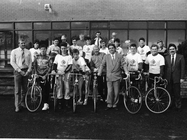 A group of young cyclists at the Springtown Training Centre during a stopover on their maracycle around the Six Counties. They were welcomed at the centre by Radio Foyle’s Gerry Anderson.