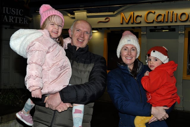 Zoe Blake, Benny Blake, Maria McGilloway and Maisey McGilloway attended the switching on of the Christmas tree lights in Buncrana on Friday evening last. Photo: George Sweeney.  DER2146GS – 046