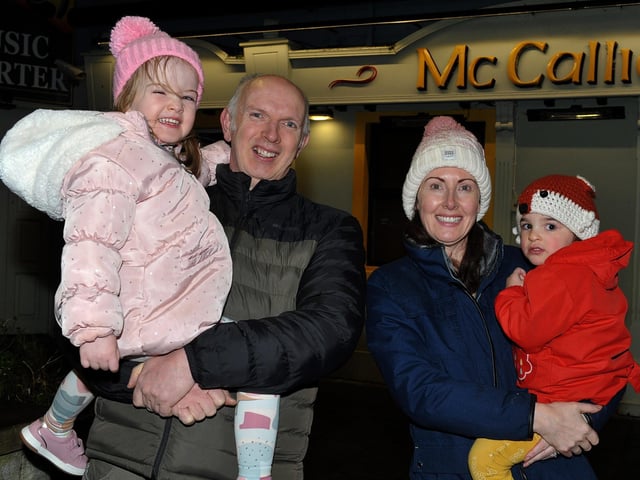 Zoe Blake, Benny Blake, Maria McGilloway and Maisey McGilloway attended the switching on of the Christmas tree lights in Buncrana on Friday evening last. Photo: George Sweeney. DER2146GS – 046