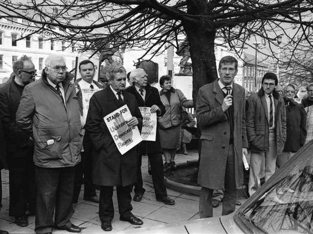 Colr. Gregory Campbell speaking at an anti-Anglo-Irish Agreement protest organised by the Orange Order at the Diamond.