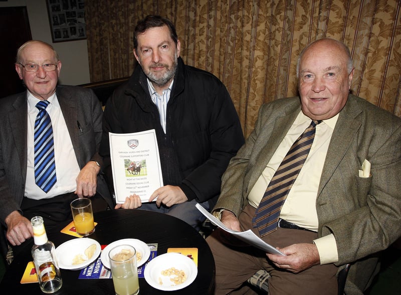 Sammy Stevenson, Hunter McClelland and Wilbert Marshall pictured during the Garvagh, Kilrea and District Coleraine Supporters Club Night at the Races in Coleraine Social Club on Friday. CR47-PL