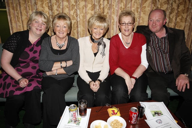 Elaine Cox, Julie Cox, Miranda Faulkner, Carol Smyth and James Faulkner pictured during the Garvagh, Kilrea and District Coleraine Supporters Club Night at the Races in Coleraine Social Club on Friday. CR47-PL
