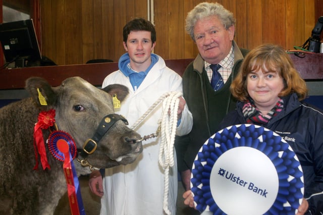 Reserve charolais champion went to Stephen McCahon included is Gilbert Crawford and Ann Calwell from Ulster Bank Picture Steven McAuley/Kevin McAuley Photography Multimedia