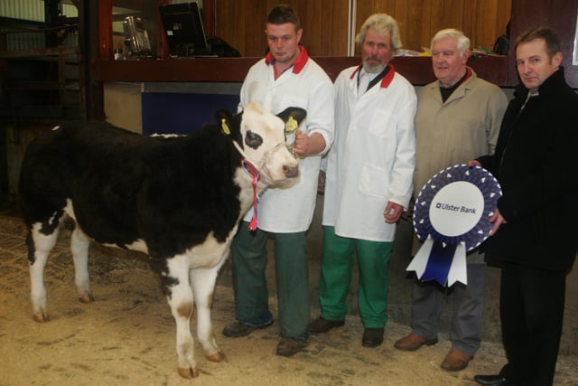 Simmental Champion John Harbinson Fergus Harbinson Andy Patterson sponsor and Eamon McSorley from Ulster Bank Picture Steven McAuley/Kevin McAuley Photography Multimedia
