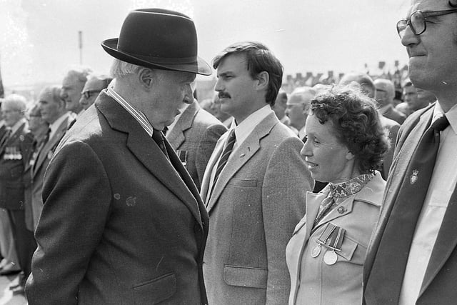 Lord Grey chats to Mrs Mollie Whiteside from Dungannon during the opening ceremony of Bennet House, the new ex-Servicemen’s holiday home in Portrush, which was officially opened in September 1981. Picture: News Letter archives