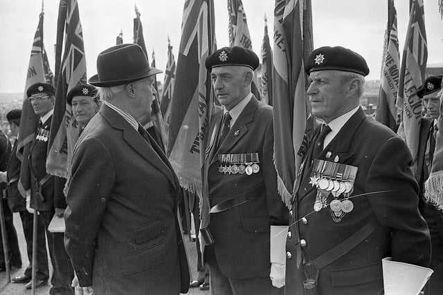 Lord Grey talking to standard-bearers Sam Anderson from Ballymoney and George Bateman from the Ormeau Branch, Belfast, during the official opening ceremony of the new Bennet House in Portrush in September 1981. Picture: News Letter archives