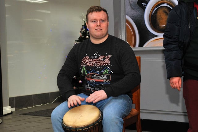 A local percussionist providing the beat for the Calms  and HUB choirs at Northside Village Centre, playing the West African djembe drum on Wednesday morning last. DER2148GS – 018