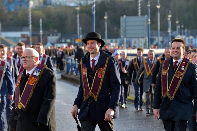 Members of the ABOD Baker Club Corcreeney Branch at the Apprentice Boys of Derry Annual Shutting of the Gates Parade held in Londonderry on Saturday last. Photo: George Sweeney