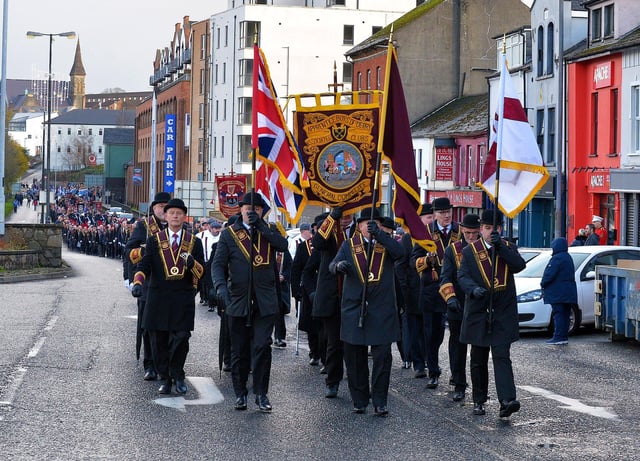 Members of the ABOD Associated Club General Committee lead the Apprentice Boys of Derry Annual Shutting of the Gates Parade held in Londonderry on Saturday last. Photo: George Sweeney