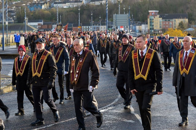 Members of the ABOD Parent Club Campsie at the Apprentice Boys of Derry Annual Shutting of the Gates Parade held in Londonderry on Saturday last. Photo: George Sweeney