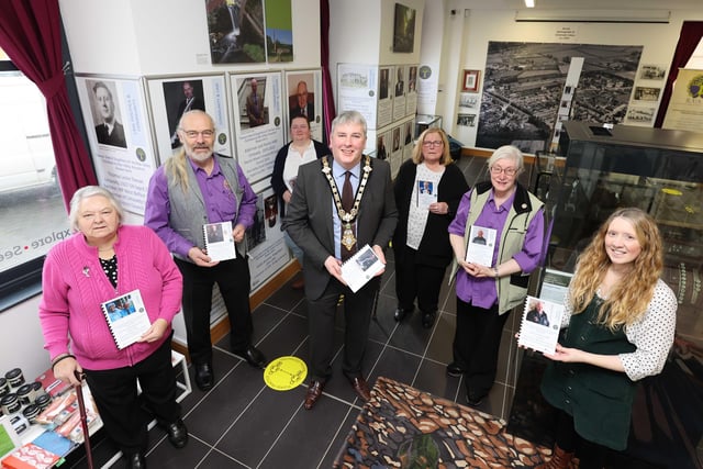 The Mayor of Causeway Coast and Glens Borough Council, Councillor Richard Holmes pictured at the opening of the NI100 - Influencers from the Roe Valley’ exhibition with members of Roe Valley Ancestral Researchers, L-R Monica Doherty, Matthew Ferguson, Frances Meere, Mayor, Mary McMahon, and Betty Ferguson, along with by Council Museum Officer, Jamie Austin