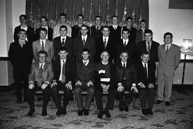 Members of the Buncrana 1st team, who won promotion to Division 1 for the first time in the club’s history in ‘96 at the club’s presentation dinner in the Inishowen Gateway Hotel.  Seated, front from left, are Liam Galbraith P.R.O., Sean Clerkin, manager, Stephen Doherty, captain, Malachy McCann, vice-chair, Sean Masterson, secretary and John Porter, treasurer.
