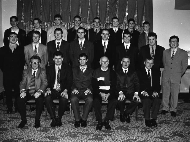 Members of the Buncrana 1st team, who won promotion to Division 1 for the first time in the club’s history in ‘96 at the club’s presentation dinner in the Inishowen Gateway Hotel.  Seated, front from left, are Liam Galbraith P.R.O., Sean Clerkin, manager, Stephen Doherty, captain, Malachy McCann, vice-chair, Sean Masterson, secretary and John Porter, treasurer.