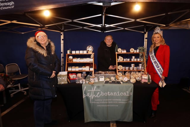 Christine McCaughey (Armagh) of Bathe Botanicals pictured with Cllr Hazel Legge, Vice Chair, Lisburn & Castlereagh City Council Development Committee and Dundonald local and Miss Great Britain Eden McAllister