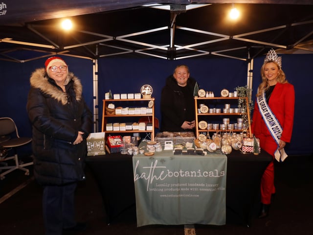 Christine McCaughey (Armagh) of Bathe Botanicals pictured with Cllr Hazel Legge, Vice Chair, Lisburn & Castlereagh City Council Development Committee and Dundonald local and Miss Great Britain Eden McAllister