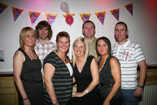 Joanna McCourt (centre) celebrates her birthday with Wendy, Patrick, mum Celine, Harry, Ronagh and Leroy.