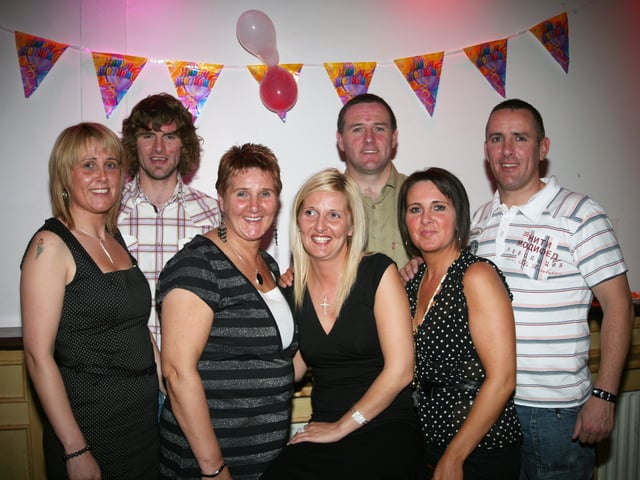 Joanna McCourt (centre) celebrates her birthday with Wendy, Patrick, mum Celine, Harry, Ronagh and Leroy.