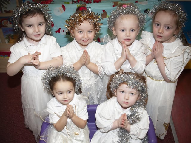 The Heavenly Angels from the Long Tower PS Nursery pictured during Thursdayâ€TMs Nativity - Back from left, Freya Gallagher, Annie Doherty, Eily Quinn and Evie McGlinchey. At front are Bonnie McBrearty and Aria Page.