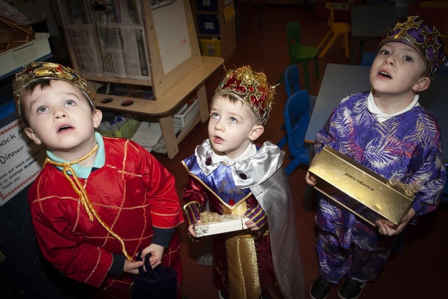 The Three Kings look for a sign during the Long Tower PS Nursery Nativity Play on Thursday -  Jack Gallgher, Rian McKeever and Jaiden Devine.