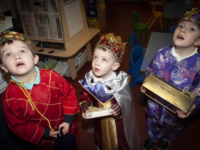 The Three Kings look for a sign during the Long Tower PS Nursery Nativity Play on Thursday - Jack Gallgher, Rian McKeever and Jaiden Devine.