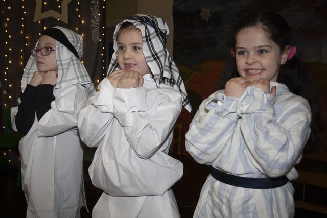 The Narrators in the Long Tower PS Nativity Play on Friday - From left,  Lillyanne Doherty , Farrah McClean and Hannah Melly. (Photos: Jim McCafferty Photography)