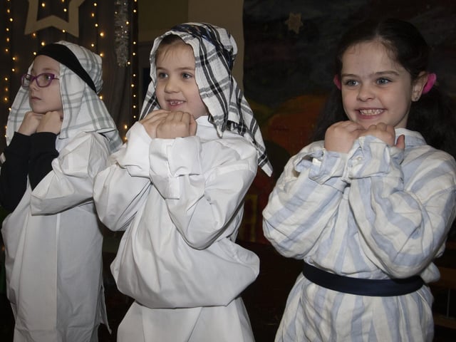 The Narrators in the Long Tower PS Nativity Play on Friday - From left, Lillyanne Doherty , Farrah McClean and Hannah Melly. (Photos: Jim McCafferty Photography)