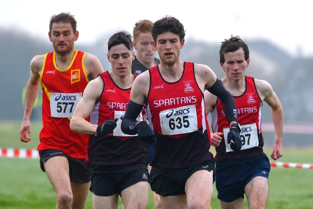 City of Derry Spartans' Luke McCarron, Fintan Stewart and Seam Melarkey led the men’s 6K North West Cross Country meeting, from the start to finish. Photo: George Sweeney.  DER2150GS – 060