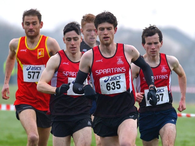 City of Derry Spartans' Luke McCarron, Fintan Stewart and Seam Melarkey led the men’s 6K North West Cross Country meeting, from the start to finish. Photo: George Sweeney.  DER2150GS – 060