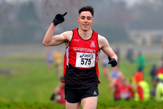 Luke McCarron, City of Derry Spartans, wins the men’s 6K at the North West Cross Country meeting at Templemore Sports Complex on Saturday. Photo: George Sweeney.  DER2150GS – 081