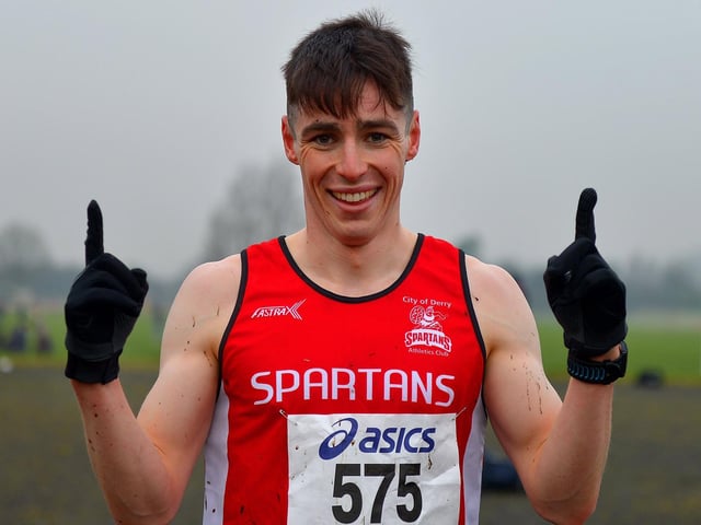 Luke McCarron, City of Derry Spartans, won the men’s 6K at the North West Cross Country meeting at Templemore Sports Complex on Saturday afternoon last. Photo: George Sweeney.  DER2150GS – 055