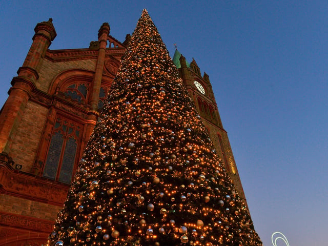 The 60ft Christmas tree in Guildhall Square. Photos: George Sweeney. DER2150GS – 047