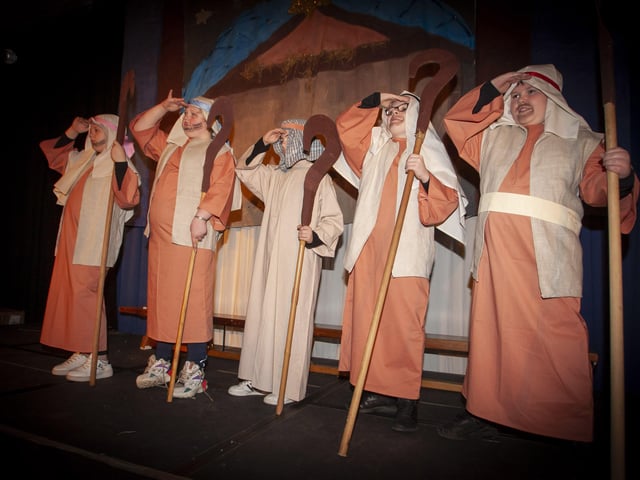 P7 pupils from Steelstown Primary School performing their Nativity at the school on Thursday last. From left, Lillie-Rose, Jasmine, Gary, Jake, Ruairi - blinded by the angels light.