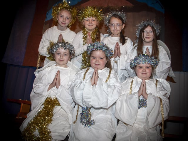 P7's Beautiful Angels - Teigan, Tori, Clodagh, Riona, Sophie, Rita and Eva pictured at Steelstown PS.