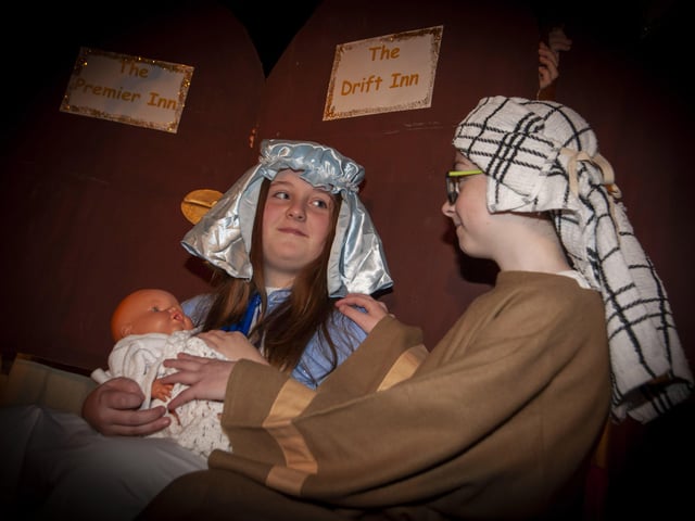 Cara (Mary) and Leon (Joseph) performing at Steelstown's P7 Nativity Play.