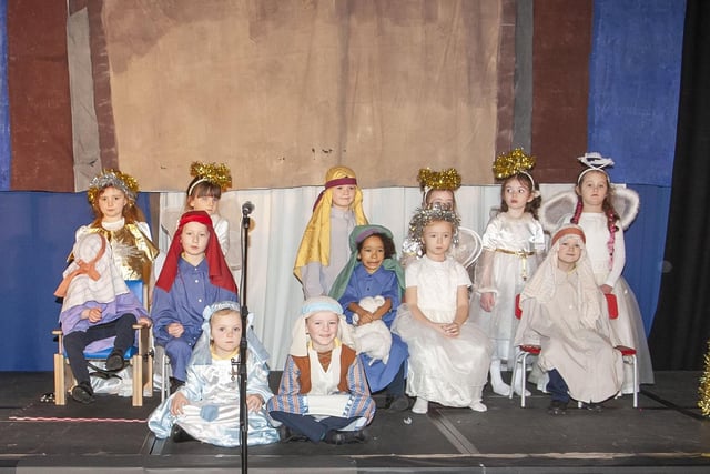 Mrs. Crampsey's class ready for their P1 Nativity at Steelstown Primary School.