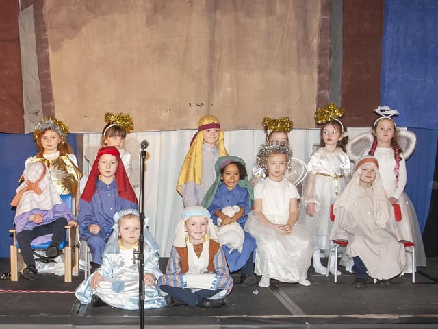 Mrs. Crampsey's class ready for their P1 Nativity at Steelstown Primary School.