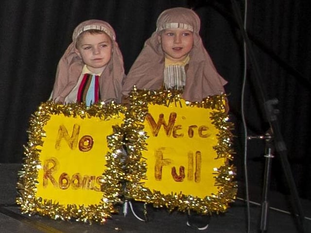 Mrs. Crampsey's class ready for their P1 Nativity at Steelstown Primary School.
