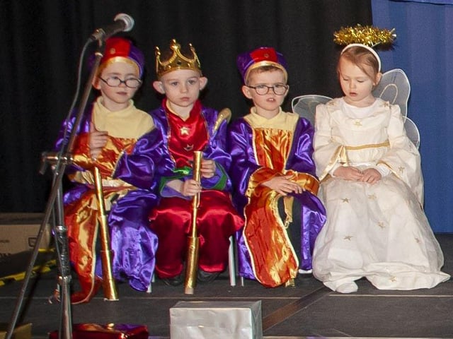 Mrs. Crampsey's class ready for their P1 Nativity at Steelstown Primary School.
