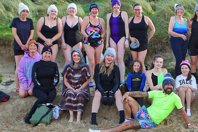 Derry celebrity Mickey Doherty joins the ladies from the "Waves" cold water swim group organised by "Mammy Banter" for the New Year's swim at Lisfannon Beach. Photo: George Sweeney.  DER2152GS  022
