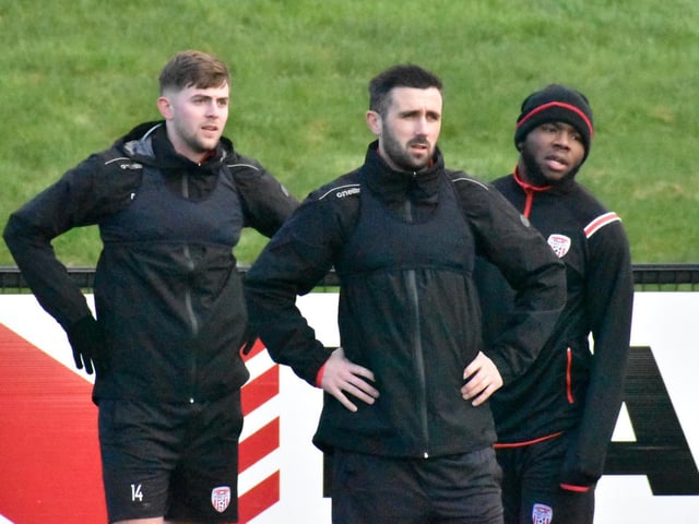 Will Patching, Danny Lafferty and James Akintunde pictured in pre-season training this morning.